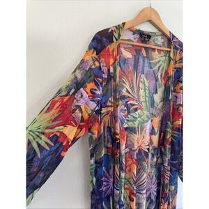 Tropical Sheer Mesh Women's Caftan Swim Cover-Up Kimono Cardigan Duster 3x